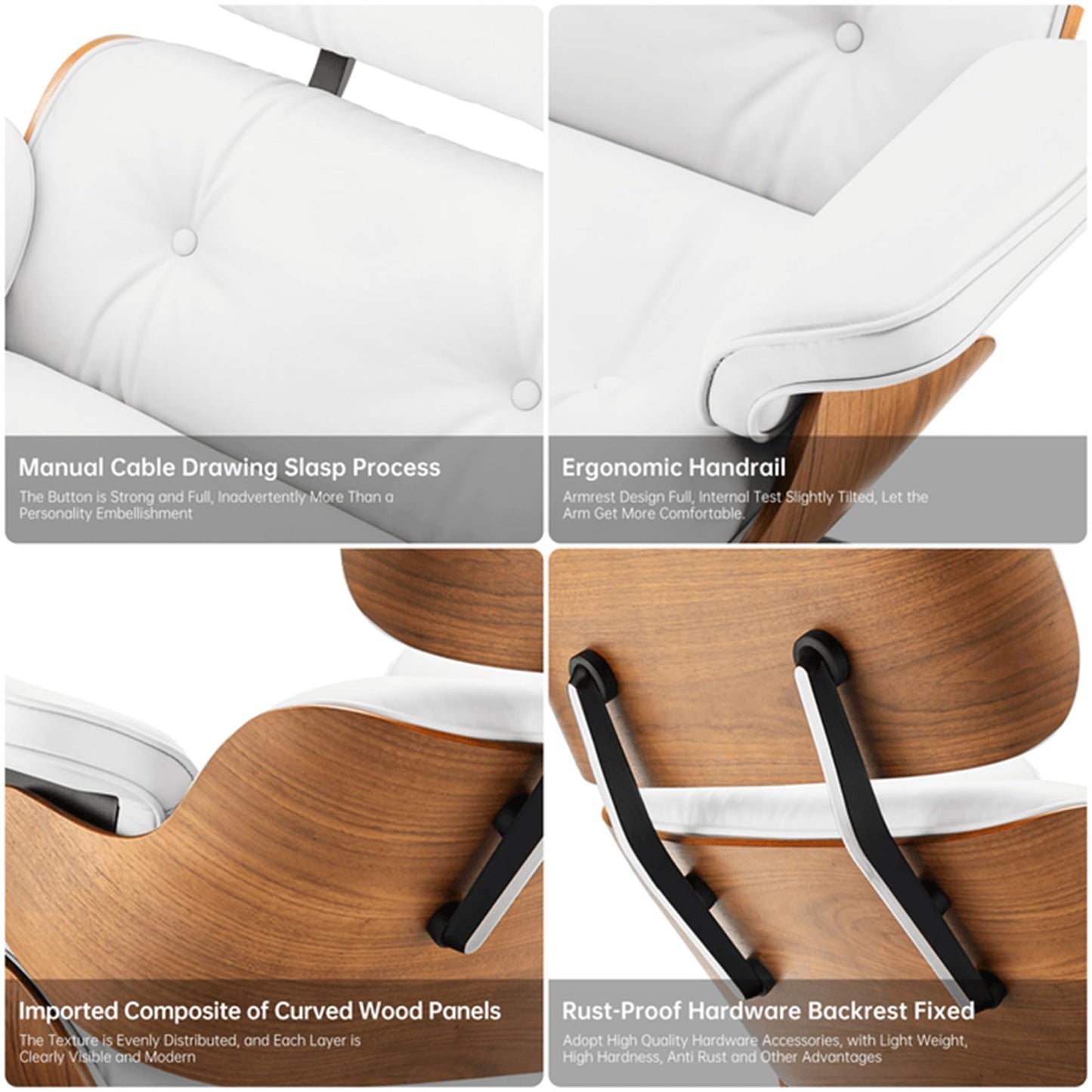 Top Grain Leather, Mid Century Chaise Lounge Chair and Ottoman, Modern Chair Classic Design, Heavy Duty Base Support for Living Room Study Lounge Office, Walnut-White