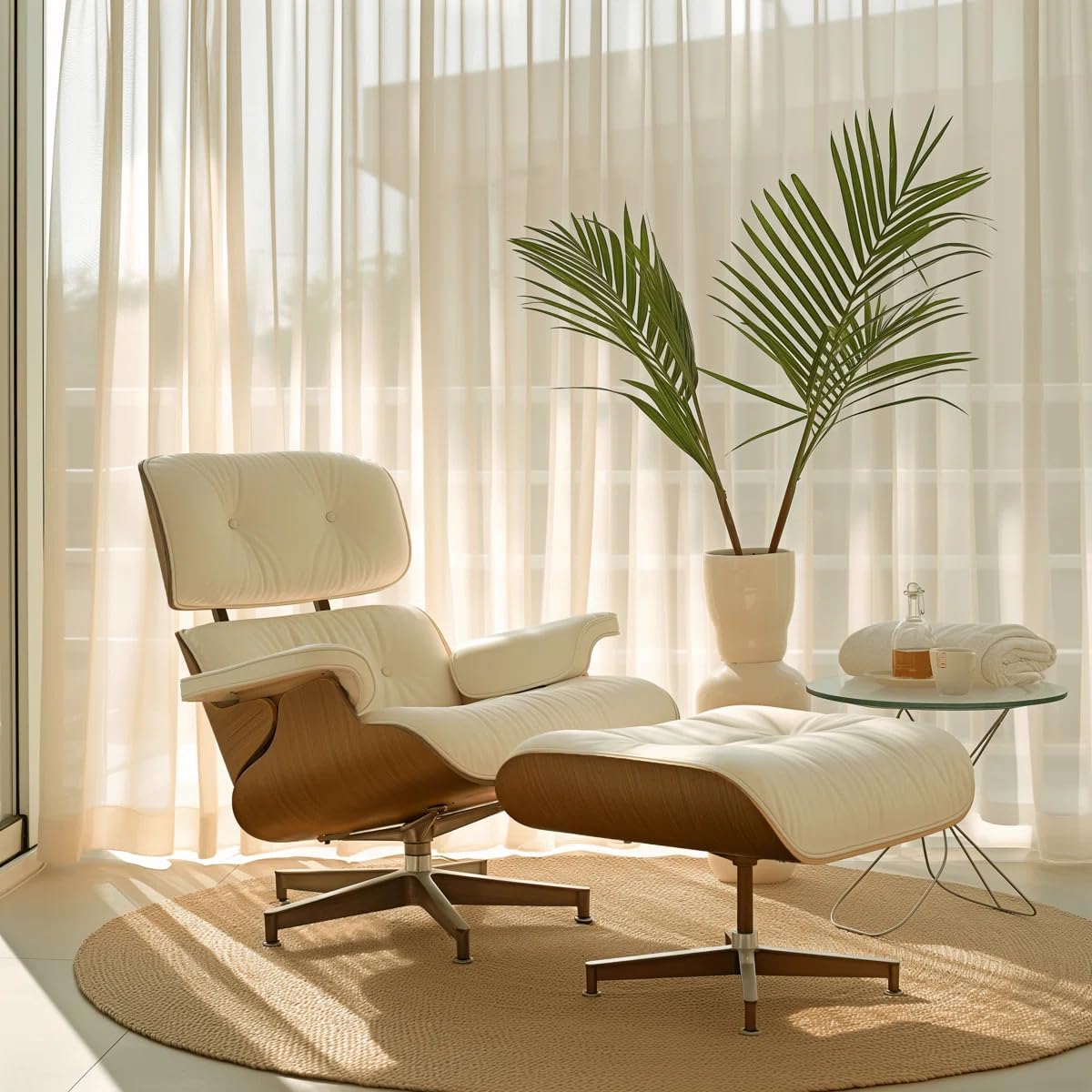 Top Grain Leather, Mid Century Chaise Lounge Chair and Ottoman, Modern Chair Classic Design, Heavy Duty Base Support for Living Room Study Lounge Office, Palisander-White, Heightening