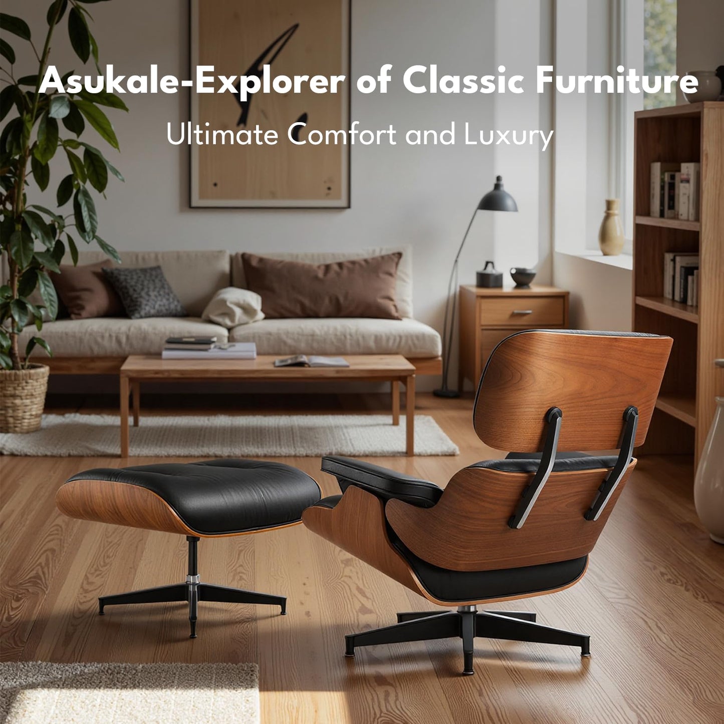 Top Black Grain Leather, Mid Century Chaise Lounge Chair and Ottoman, Modern Chair Classic Design, Heavy Duty Base Support for Living Room Study Lounge Office, Walnut, Heightening