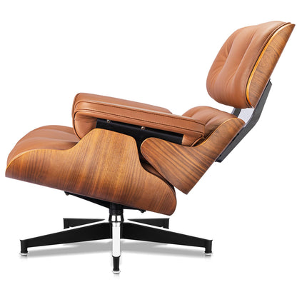Top Grain Leather, Mid Century Chaise Lounge Chair and Ottoman, Modern Chair Classic Design, Heavy Duty Base Support for Living Room Study Lounge Office, Walnut-Brown