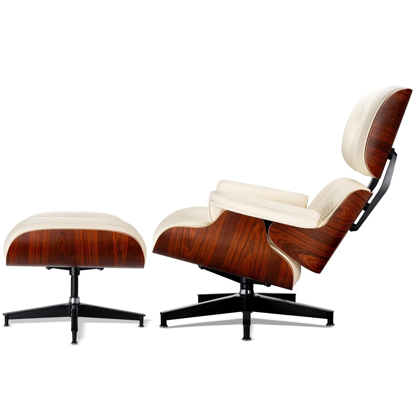 Chaise Lounge Chair with Ottoman Genuine Leather High-Resilience Foam Cushions Mid Century Modern Ergonomic Design for Living Room Study Lounge Office Palisander Ivory