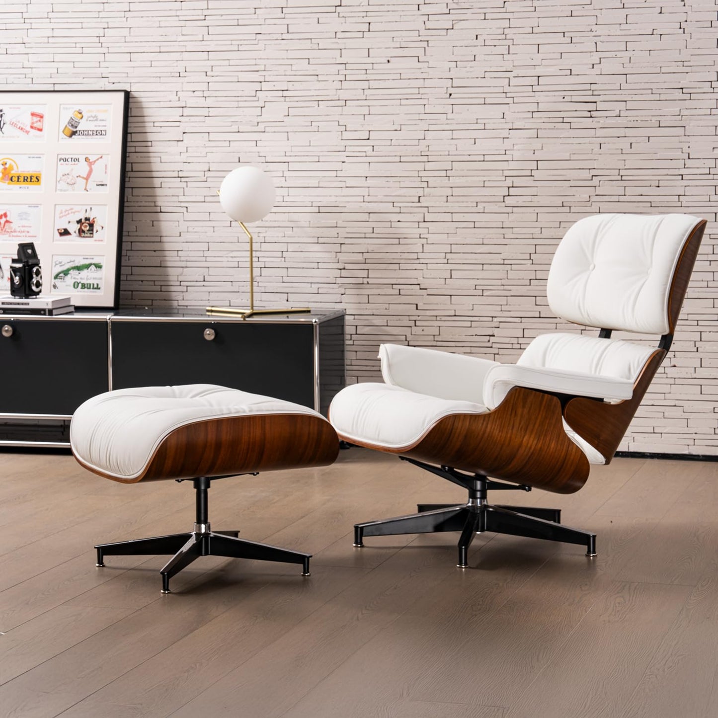 Chaise Lounge Chair with Ottoman Genuine Leather High-Resilience Foam Cushions Mid Century Modern Ergonomic Design for Living Room Study Lounge Office Walnut White