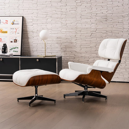 Chaise Lounge Chair with Ottoman Genuine Leather High-Resilience Foam Cushions Mid Century Modern Ergonomic Design for Living Room Study Lounge Office Walnut White