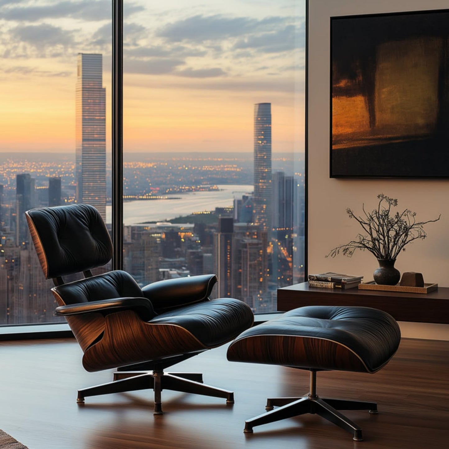 Mid Century Chaise Lounge Chair with Ottoman, Top Black Grain Leather, Modern Office Chair Classic Design, Heavy Duty Base Support for Living Room Study Lounge Office