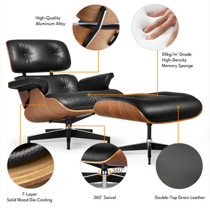 Top Black Grain Leather, Mid Century Chaise Lounge Chair and Ottoman, Modern Chair Classic Design, Heavy Duty Base Support for Living Room Study Lounge Office, Walnut, Heightening