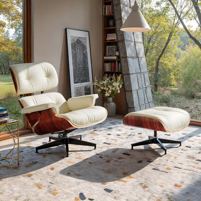 Chaise Lounge Chair with Ottoman Genuine Leather High-Resilience Foam Cushions Mid Century Modern Ergonomic Design for Living Room Study Lounge Office Palisander Ivory