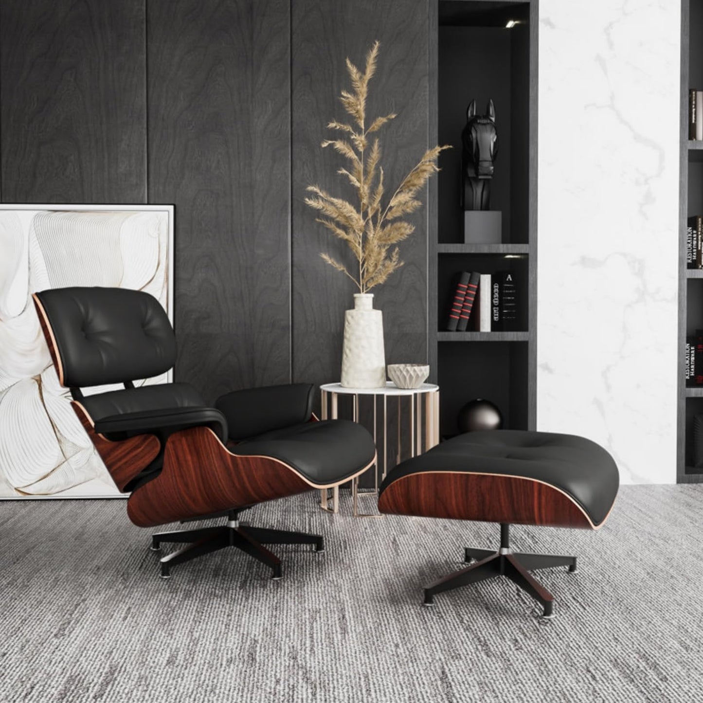 Mid Century Chaise Lounge Chair with Ottoman, Top Black Grain Leather, Modern Office Chair Classic Design, Heavy Duty Base Support for Living Room Study Lounge Office