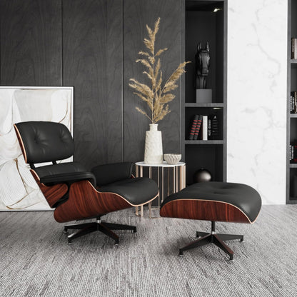 Mid Century Chaise Lounge Chair with Ottoman, Top Black Grain Leather, Modern Office Chair Classic Design, Heavy Duty Base Support for Living Room Study Lounge Office
