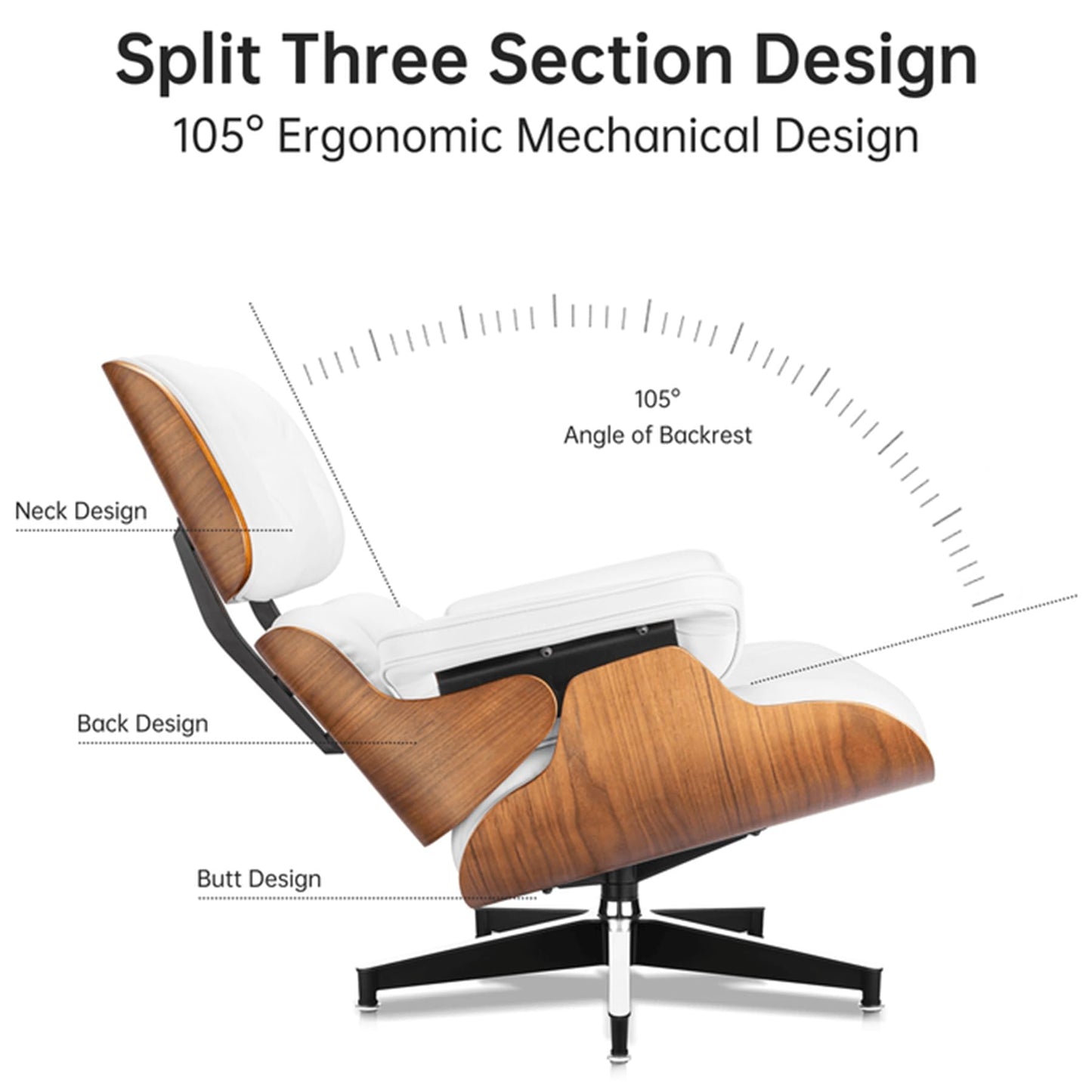 Top Grain Leather, Mid Century Chaise Lounge Chair and Ottoman, Modern Chair Classic Design, Heavy Duty Base Support for Living Room Study Lounge Office, Walnut-White, Heightening