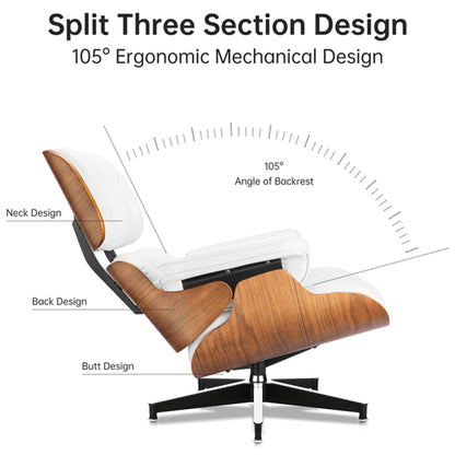 Top Grain Leather, Mid Century Chaise Lounge Chair and Ottoman, Modern Chair Classic Design, Heavy Duty Base Support for Living Room Study Lounge Office, Walnut-White