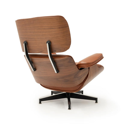 Mid Century Chaise Lounge Chair with Ottoman, Top Black Grain Leather, Modern Office Chair Classic Design, Heavy Duty Base Support for Living Room Study Lounge Office