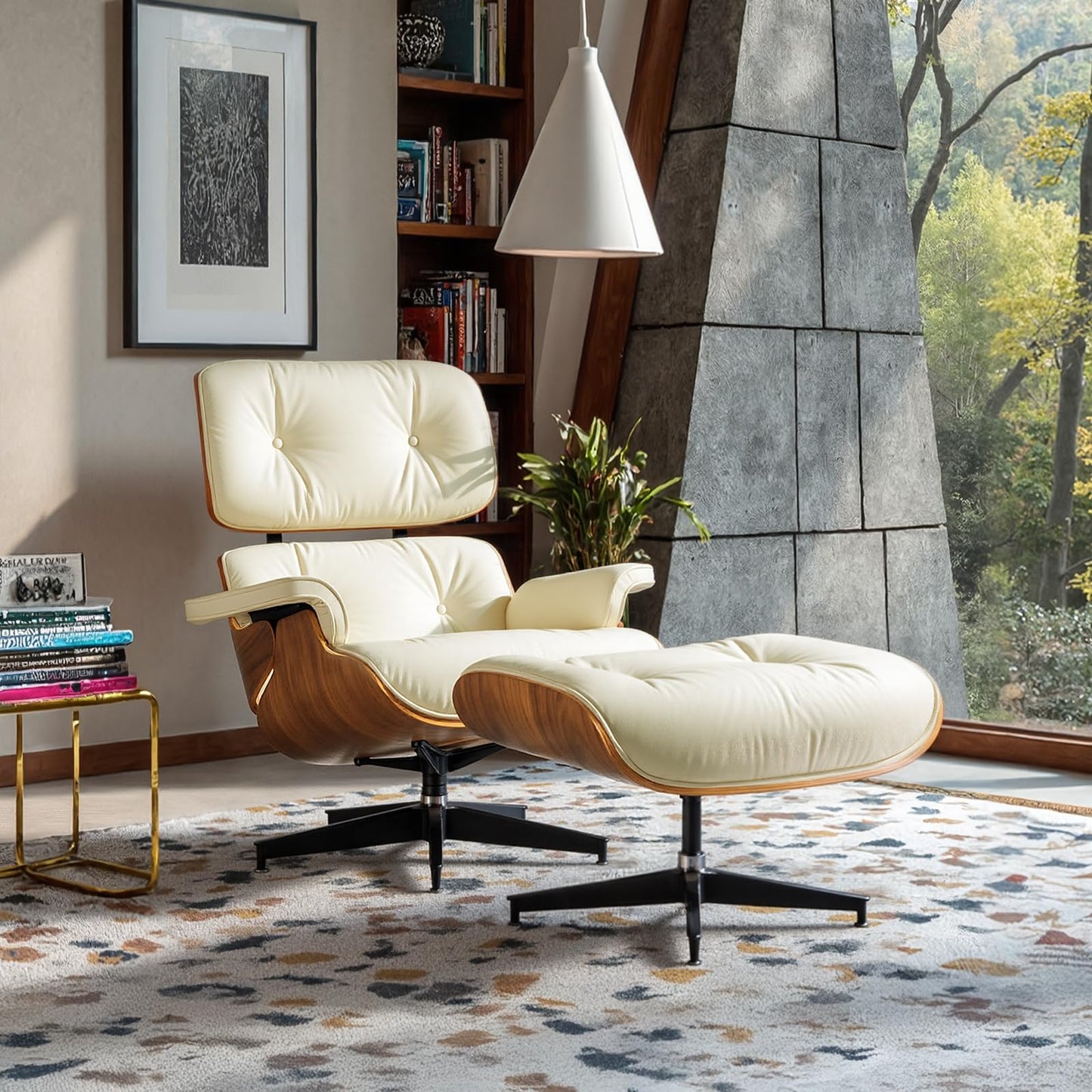 Chaise Lounge Chair with Ottoman Genuine Leather High-Resilience Foam Cushions Mid Century Modern Ergonomic Design for Living Room Study Lounge Office Walnut Ivory White