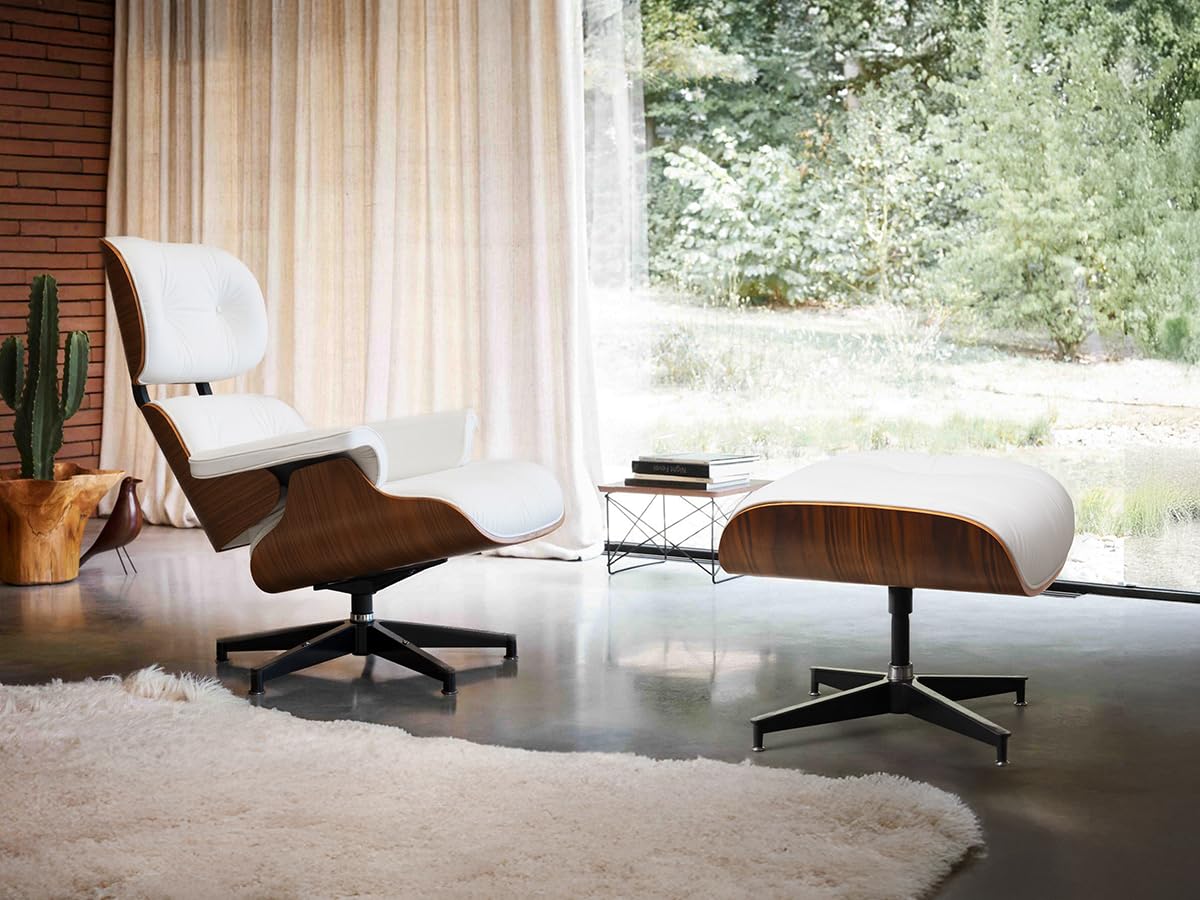 Chaise Lounge Chair with Ottoman Genuine Leather High-Resilience Foam Cushions Mid Century Modern Ergonomic Design for Living Room Study Lounge Office Walnut White