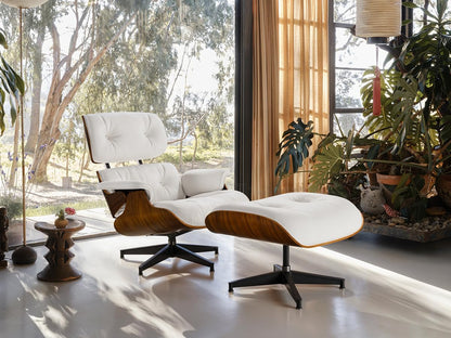 Chaise Lounge Chair with Ottoman Genuine Leather High-Resilience Foam Cushions Mid Century Modern Ergonomic Design for Living Room Study Lounge Office Walnut White