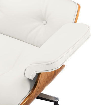 Chaise Lounge Chair with Ottoman Premium Aniline Leather Top Grain Leather High-Resilience Foam Cushions Mid Century Modern Ergonomic Design for Living Room Study Lounge Office Walnut White