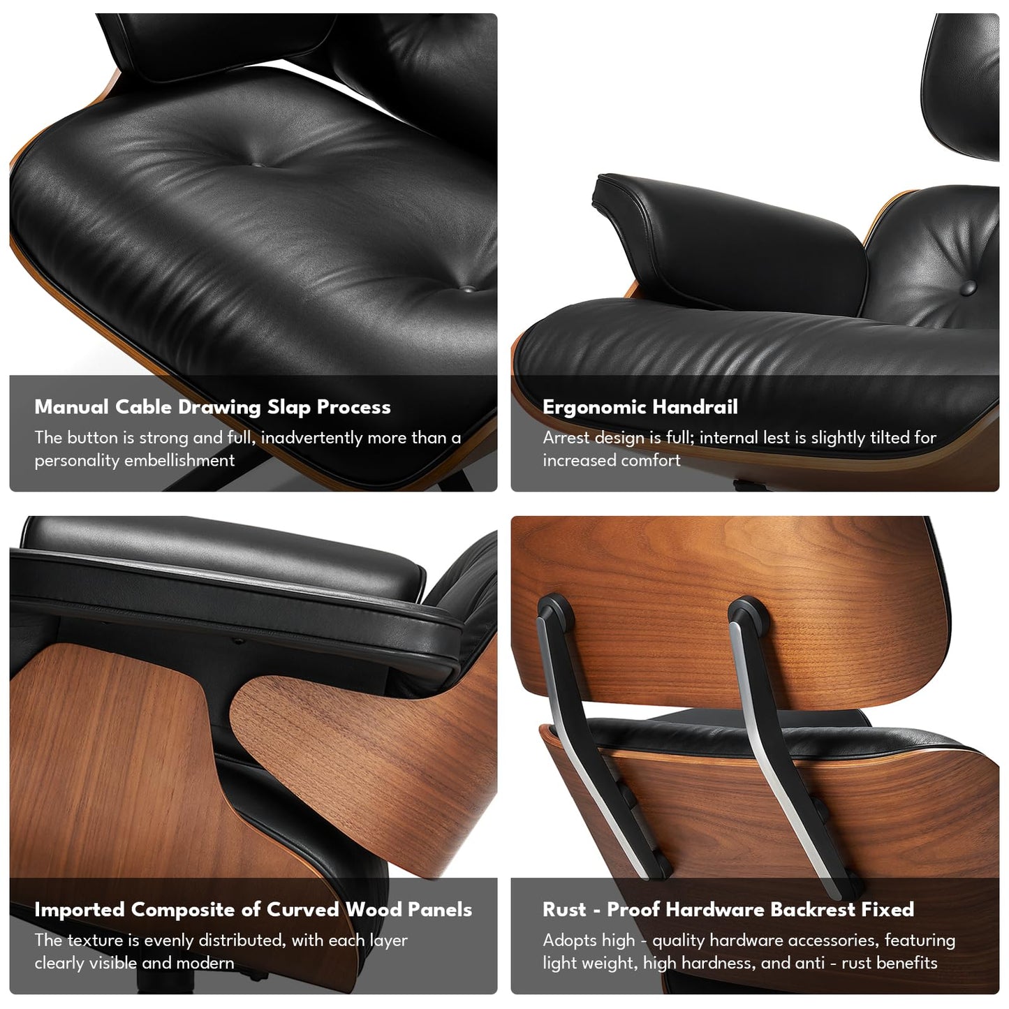 Top Black Grain Leather, Mid Century Chaise Lounge Chair and Ottoman, Modern Chair Classic Design, Heavy Duty Base Support for Living Room Study Lounge Office, Walnut, Heightening