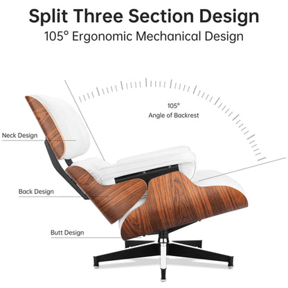 Top Grain Leather, Mid Century Chaise Lounge Chair and Ottoman, Modern Chair Classic Design, Heavy Duty Base Support for Living Room Study Lounge Office, Palisander-White, Heightening
