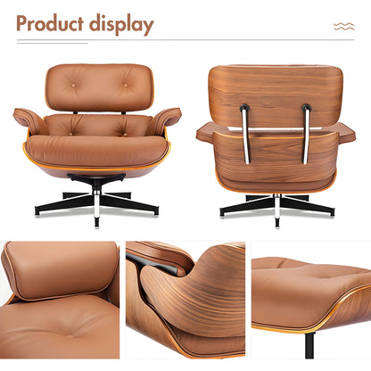 Top Grain Leather, Mid Century Chaise Lounge Chair and Ottoman, Modern Chair Classic Design, Heavy Duty Base Support for Living Room Study Lounge Office, Walnut-Brown, Heightening
