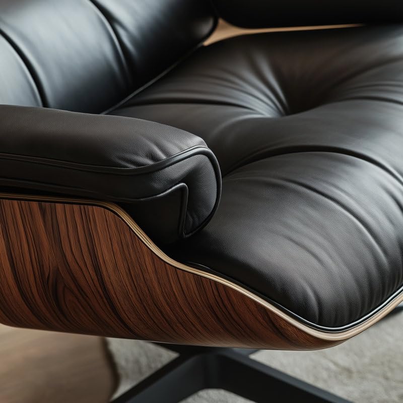 Mid Century Chaise Lounge Chair with Ottoman, Top Black Grain Leather, Modern Office Chair Classic Design, Heavy Duty Base Support for Living Room Study Lounge Office