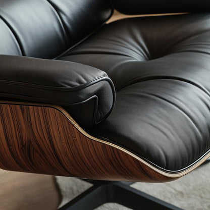 Mid Century Chaise Lounge Chair with Ottoman, Top Black Grain Leather, Modern Office Chair Classic Design, Heavy Duty Base Support for Living Room Study Lounge Office