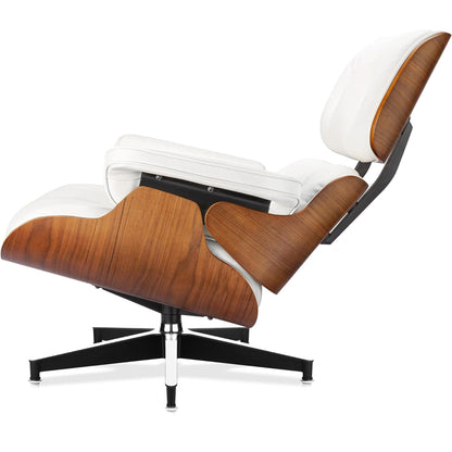 Top Grain Leather, Mid Century Chaise Lounge Chair and Ottoman, Modern Chair Classic Design, Heavy Duty Base Support for Living Room Study Lounge Office, Walnut-White, Heightening