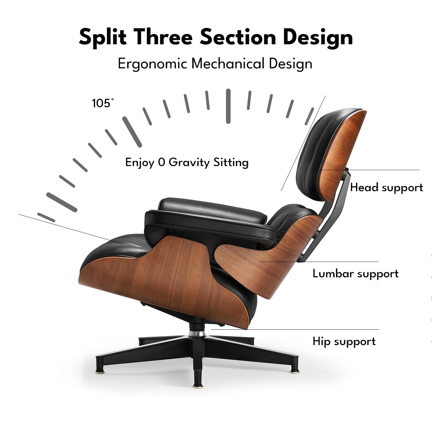 Top Black Grain Leather, Mid Century Chaise Lounge Chair and Ottoman, Modern Chair Classic Design, Heavy Duty Base Support for Living Room Study Lounge Office, Walnut, Heightening