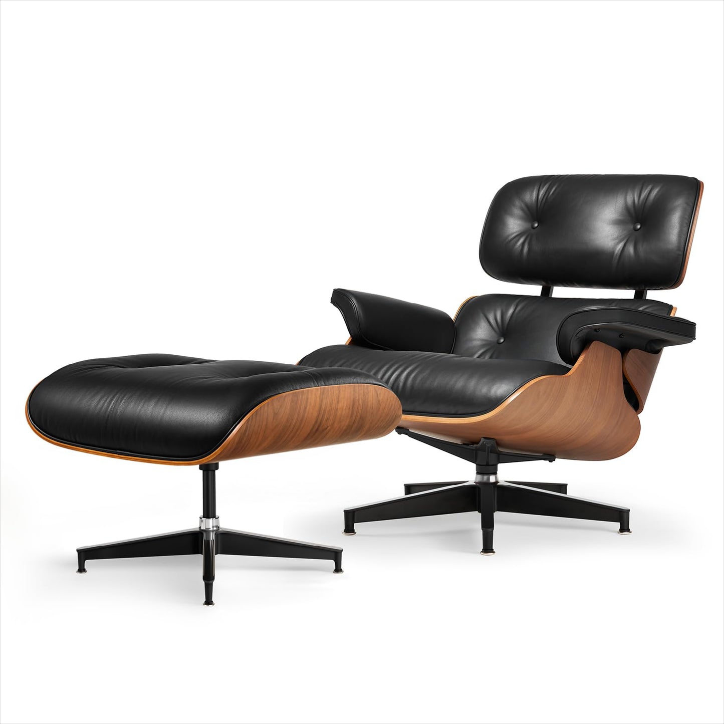 Chaise Lounge Chair with Ottoman Genuine Leather High-Resilience Foam Cushions Mid Century Modern Ergonomic Design for Living Room Study Lounge Office Dark Walnut Black