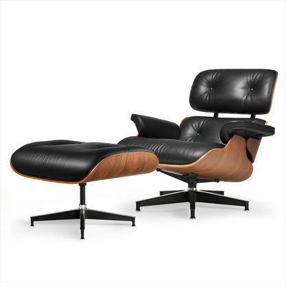 Chaise Lounge Chair with Ottoman Genuine Leather High-Resilience Foam Cushions Mid Century Modern Ergonomic Design for Living Room Study Lounge Office Dark Walnut Black
