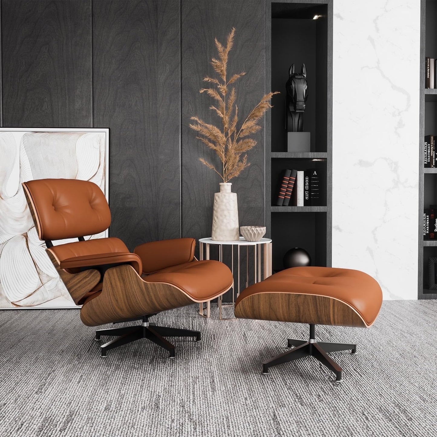 Chaise Lounge Chair with Ottoman Genuine Leather High-Resilience Foam Cushions Mid Century Modern Ergonomic Design for Living Room Study Lounge Office Walnut Brown